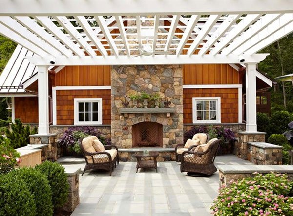 Stone Patio with Pergola and Fireplace