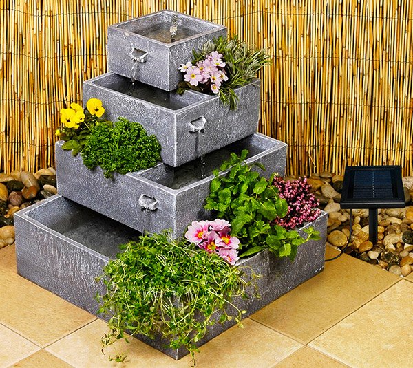 Square 4-Tier Solar Water Feature Cascading Herb Planter