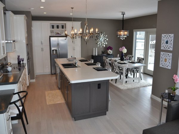 white kitchen shelves with dark countertops