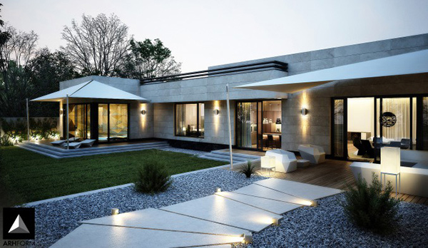 15 Modern Front Yard Landscape Ideas | Home Design Lover - Stepping stones lights