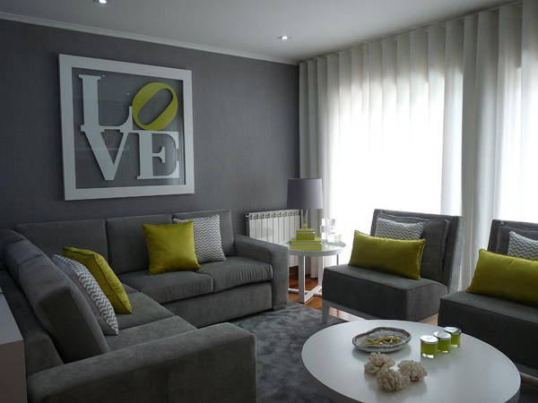 gray lime green living room