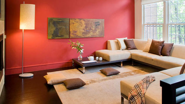 beige and maroon living room