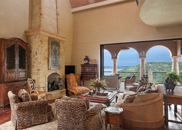 high-ceiling Mediterranean design living room