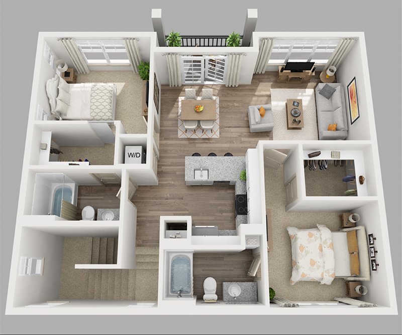 20 Designs Ideas for 3D Apartment or One-Storey Three Bedroom Floor