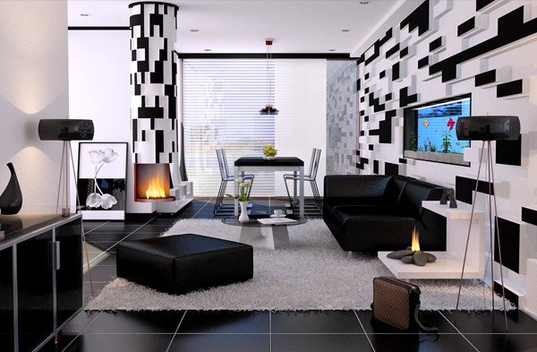 black and white living rooms