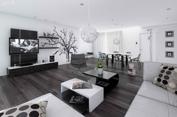 black and white living rooms