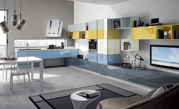 blue and yellow cabinets