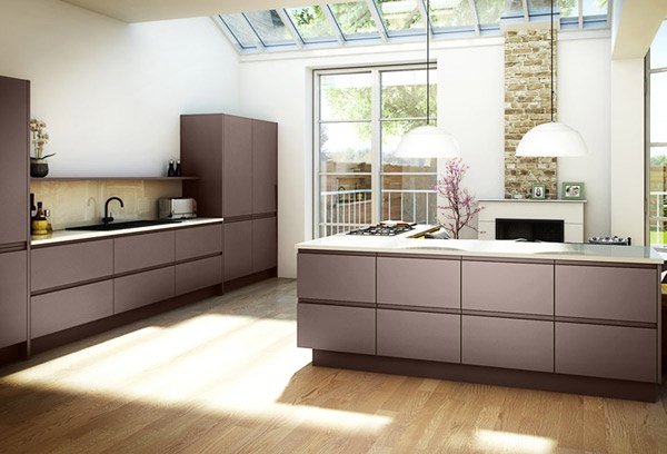 Khaki color PETG matte finish modern style kitchen cabinet color  combination with high gloss brown acrylic