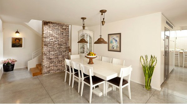 dining room with brick wallpaper