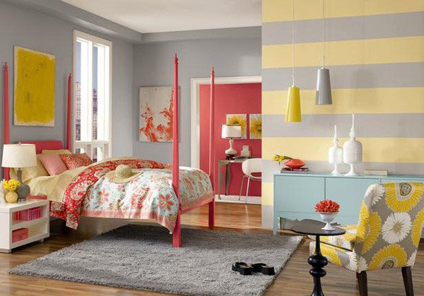 Gray Yellow Striped Wall Bedroom
