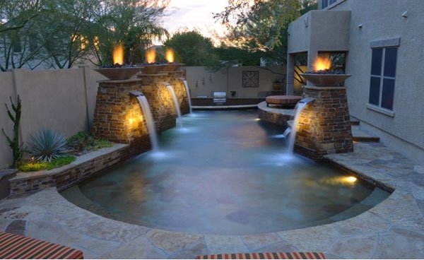 Pool Waterfalls with Fire