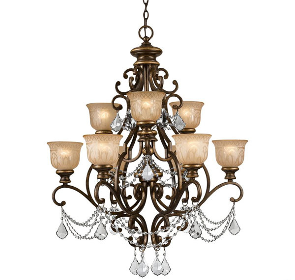  Amber Glass Pattern Wrought Iron Chandelier