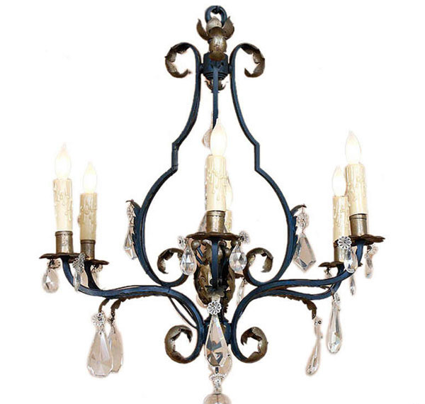 Antique Wrought Iron & Crystal Chandelier