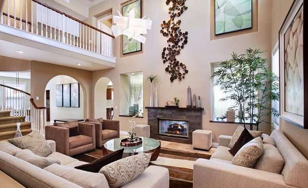 Living Room With Mirror And High Ceilings