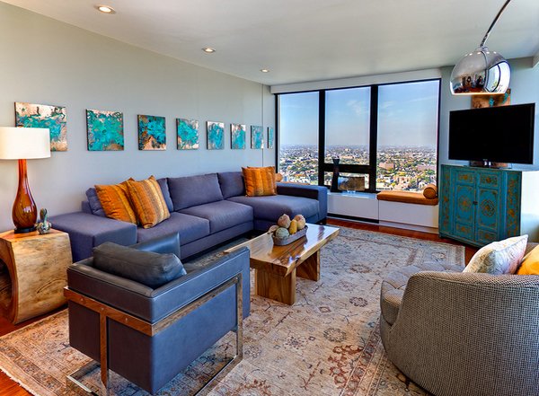 orange navy and grey living room