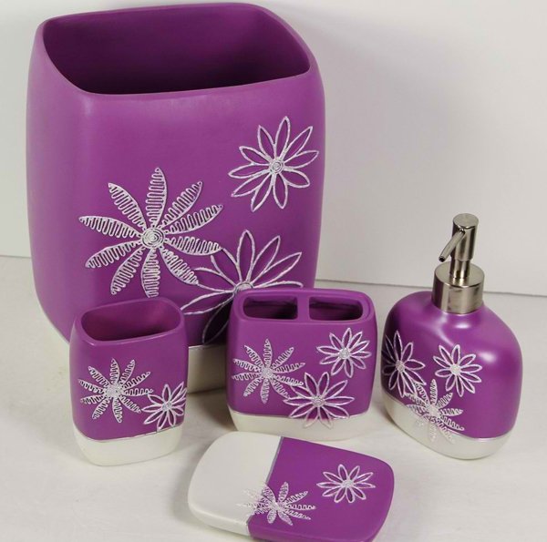 PC Bathroom Accessory Set Turquoise Lime Green Purple Daisy Stitch