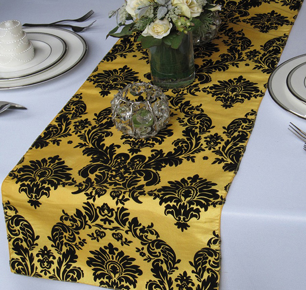 Victorian Yellow and Black Flocked Damask Taffeta Table Runner