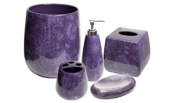 6 Piece Decorative Bathroom Accessory set Made of Ceramic Paris Purple 