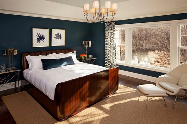 blue and brown striped bedroom