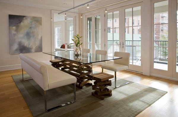 glass table with benches