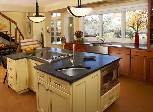 kitchen island triangle shape with sink and refrigerator