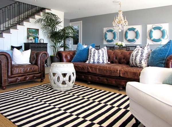 Blue Tan White Brown Living Room De