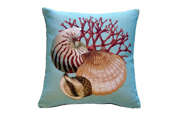 Coral and Shells Blue Nautical Throw Pillow