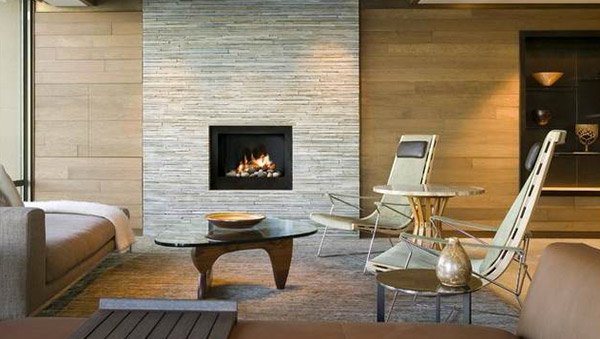 modern living room with brick fireplace