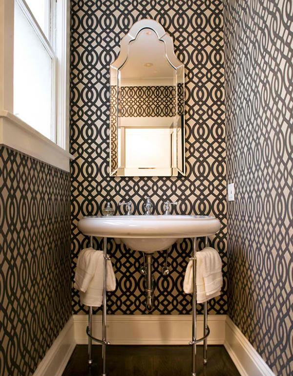 Black and White Graphic Wallpaper Bathroom