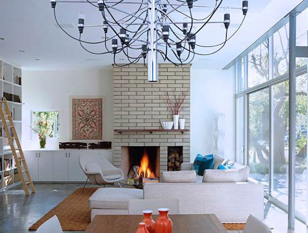 modern living room with brick fireplace