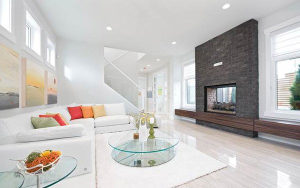 modern living room with brick fireplace