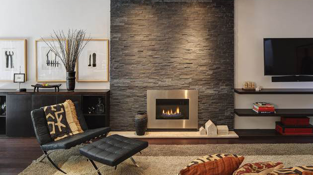 modern living room with brick fireplace