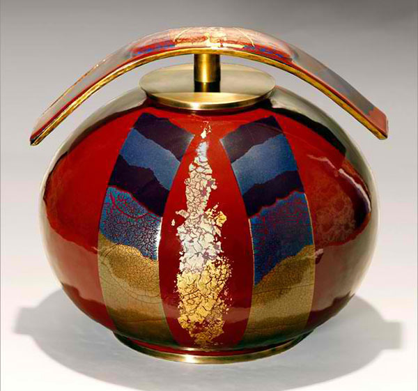 Round vase, solid enamel two golds and crystal