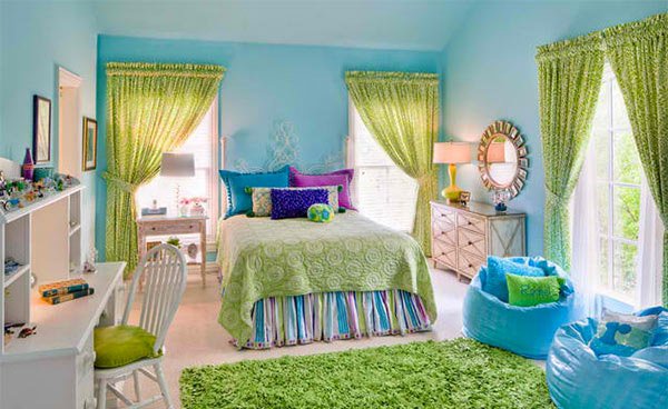 Girl's Bedroom Green Blue Color Bed