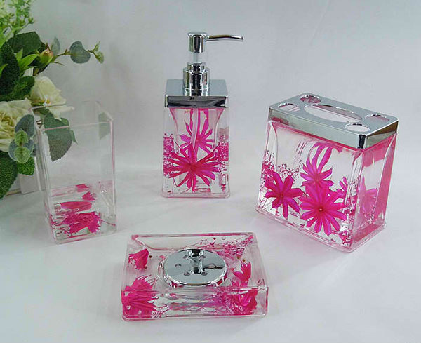 Dark Pink Floral Acrylic Bath Accessory Sets H4006