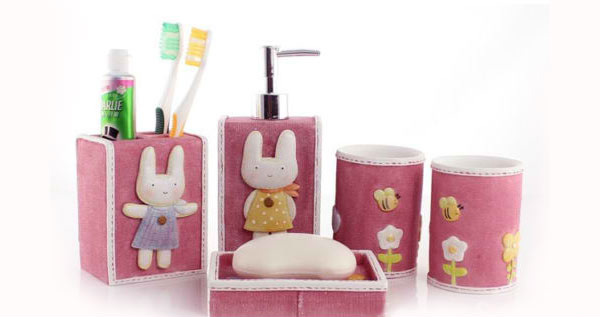 Pink Resin Rabbit 5pcs Bathroom Set