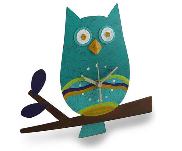 Teal Perched Owl Metal Art Pendulum Wall Clock