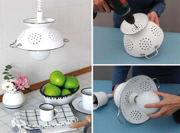 DIY Pendant Lamp Of Enameled Colander