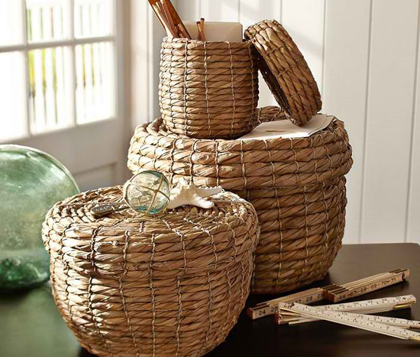 Stitched Seagrass Lidded Baskets, Set of 3