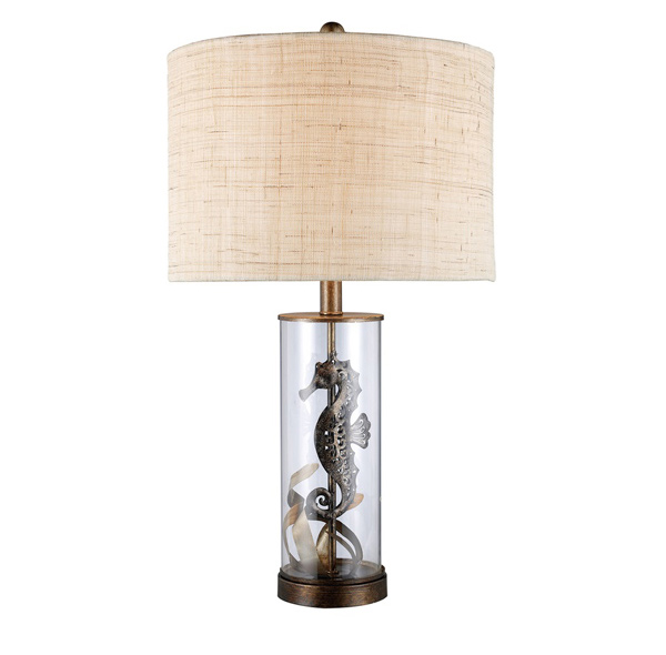 Bronze and Clear Glass Indoor Table Lamp with Fabric Shade