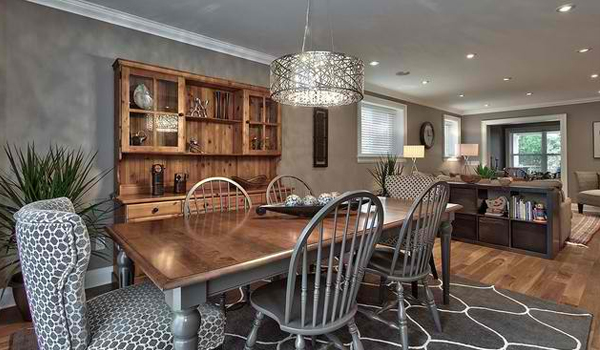 mismatched dining table and buffet