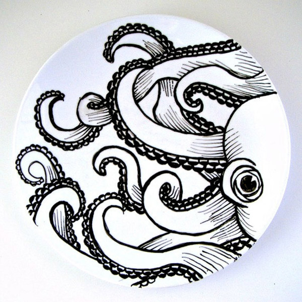 Octopus Plate Black White Hand Painted