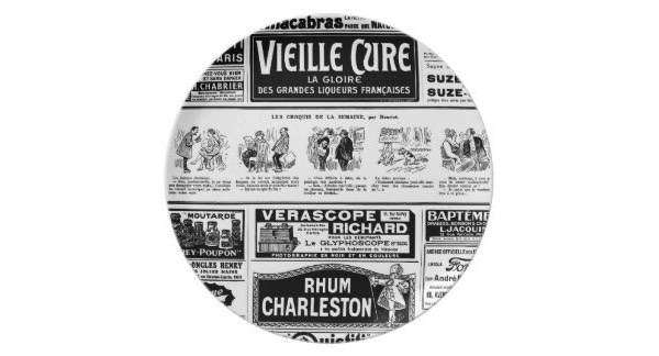 Pulicidad, old, black and white newspaper party plate