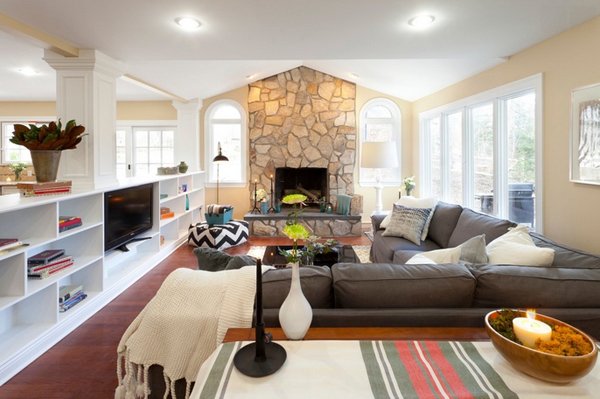 living room with sectional and chairs