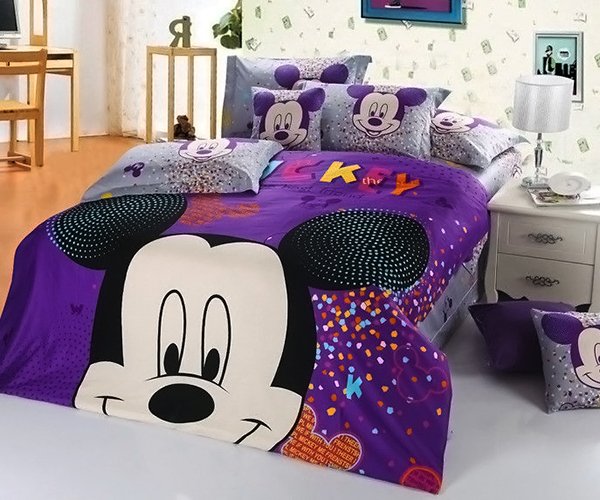 New 2013 Mickey Mouse Bedding Set 4pc Queen King Purple