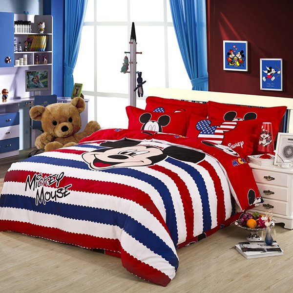 America Style Red Striped Mickey Mouse Duvet Cover Bedding Sets