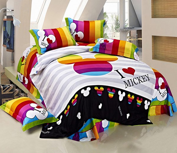 Striped Mickey Mouse Head Queen Size Bedding