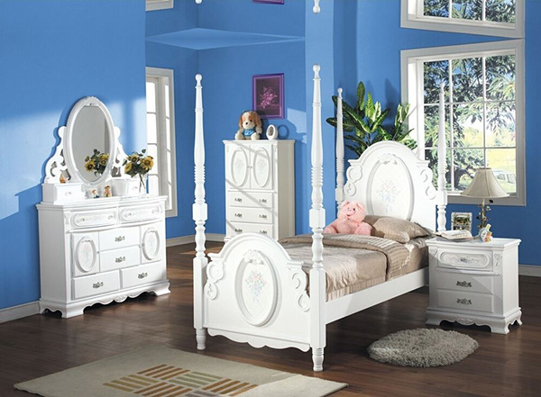 5 PC Flora Collection White Finish Wood Floral Pattern Design Twin Bedroom Set