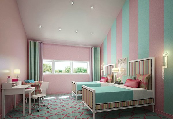 light pink and turquoise room