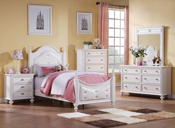 5 PC Athena Collection White Finish Wood Button Tufted Padded Twin Bedroom Set